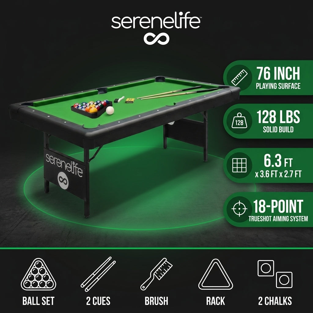 6-Ft Folding Pool Table - 76 Inch Foldable Billiard Game Table for Kids and Adults W/Accessories, Includes 2 Cues, Brush, Ball Triangle & 2 Chalk - SLPLTB76 (SLPLTB76.5) — Results & Stats