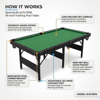 6-Ft Folding Pool Table - 76 Inch Foldable Billiard Game Table for Kids and Adults W/Accessories, Includes 2 Cues, Brush, Ball Triangle & 2 Chalk - SLPLTB76 (SLPLTB76.5) — How It Works