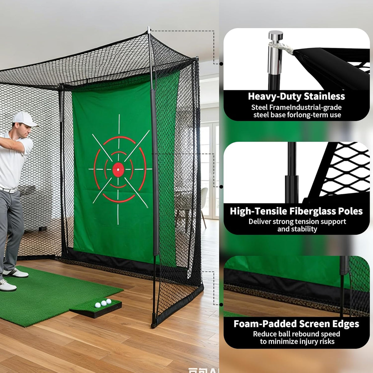 Golf Net,Golf Impact Screen,Golf Simulator Enclosure,11X8Ft Golf Hitting Cage,Equipped with Blank Simulator Screen and Green Target Cloth(Projector Not Included)