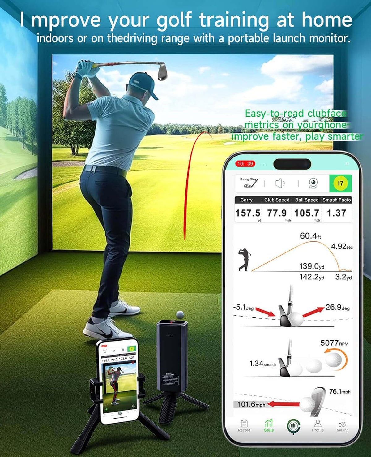 Portable Golf Launch Monitor Pro X1 Plus, Simulators for Home & Training, Mobile Launch Monitor for Golf Swing Analysis, Tracker & Swing Analyzer, Indoor Outdoor Use, up to 12 Hours Battery Life.