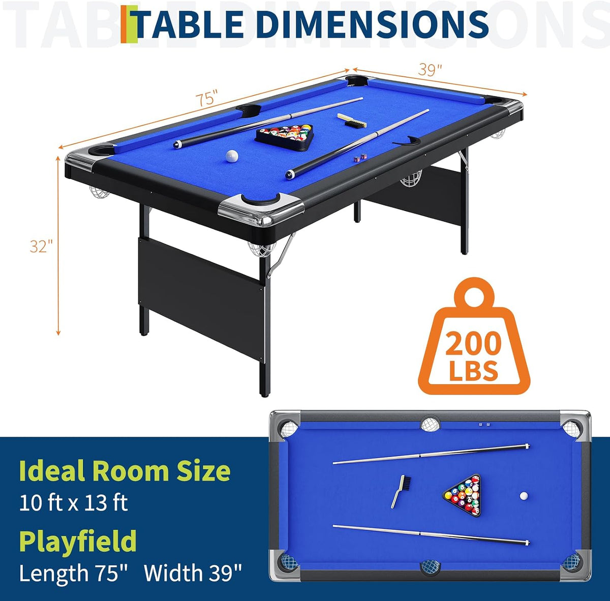 6 or 7 Ft Billiards Table, Portable Billiards Tables, Pool Tables for Full Size, Pool Table Set for Family Game Room, Adult Rrec Room, Basements, Man Cave or Garage