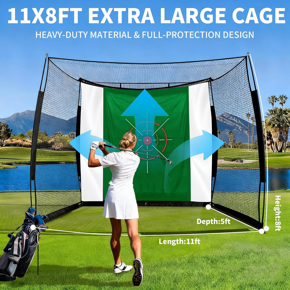 Golf Net,Golf Impact Screen,Golf Simulator Enclosure,11X8Ft Golf Hitting Cage,Equipped with Blank Simulator Screen and Green Target Cloth(Projector Not Included)